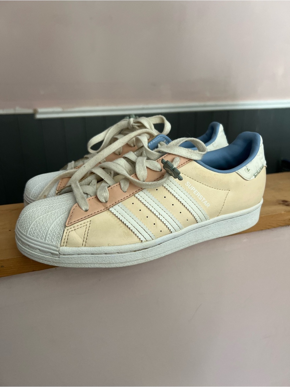 adidas Kids Cream & Pink Superstar Sneakers with Blue Lining